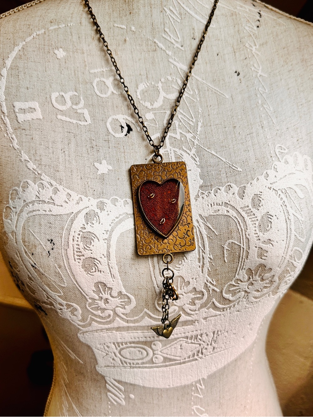 Hand Crafted Antique Bronze “Lips of Gold” Heart Pendant Necklace
